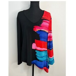 Clara Sunwoo V-Neck Asymmetrical Tunic Top Black Red Blue Brushstroke Print L